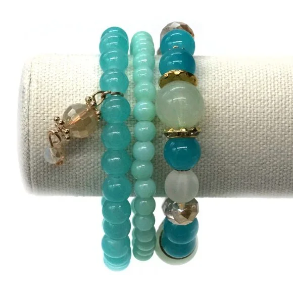 Bracelet Three Strands Teal, & Gold Beads. - Picture 2 of 2